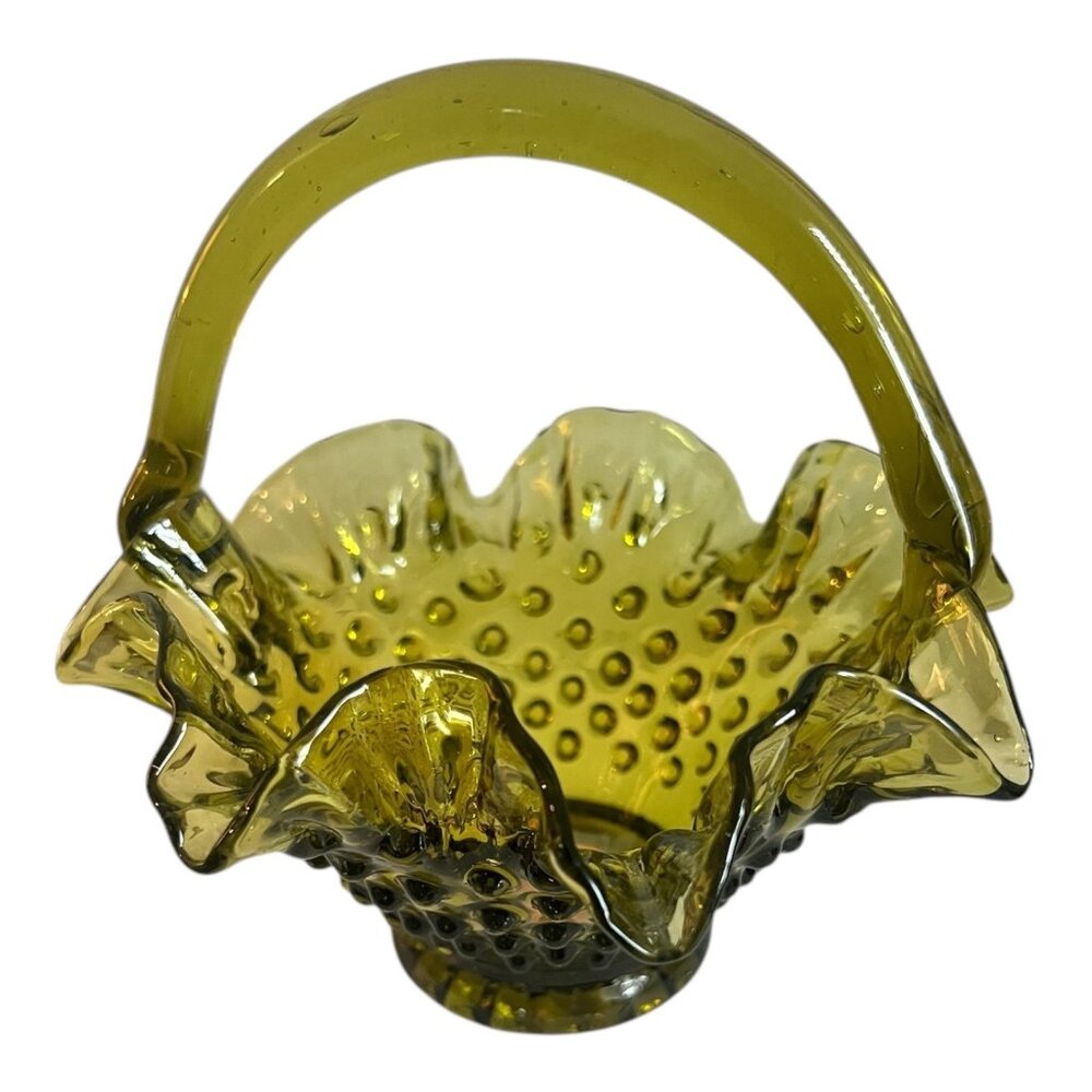 Vintage Fenton? Green Glass Hobnail Basket With Ruffled Edge & Applied Handle